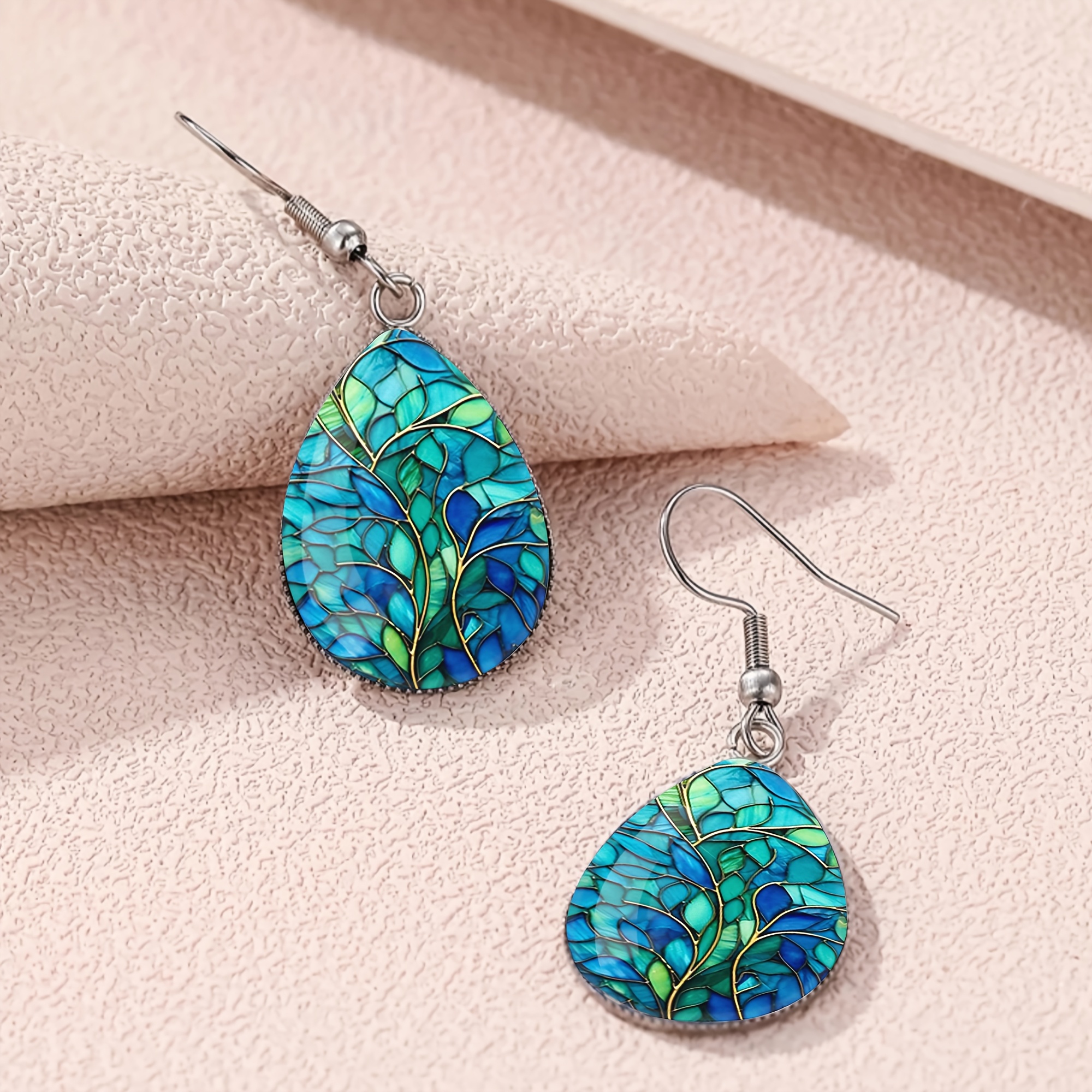Women's Teal and Blue Gradient Glass Leaf Pattern Earrings